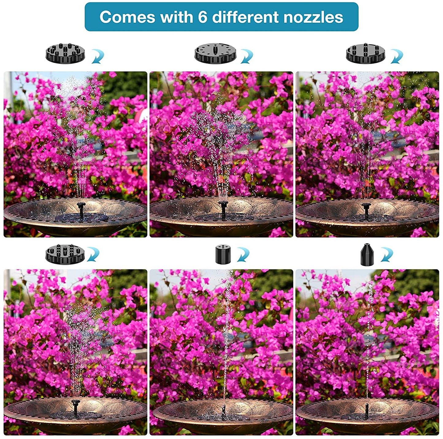 1.5W Solar Fountain Pump, with 6 nozzles Solar Bird Bath Fountain