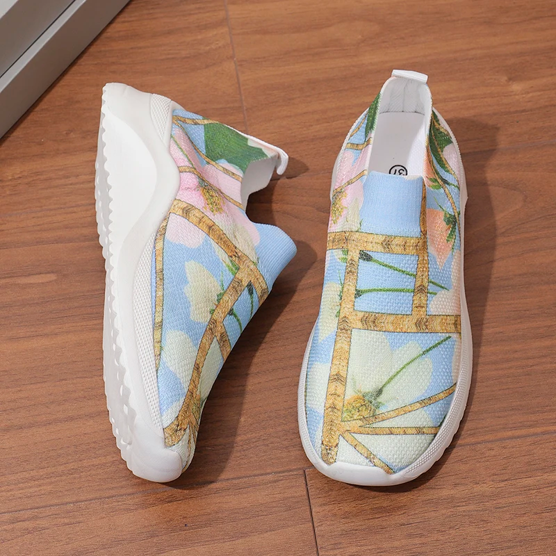 Flower Print Breathable Knitted Sneakers Women