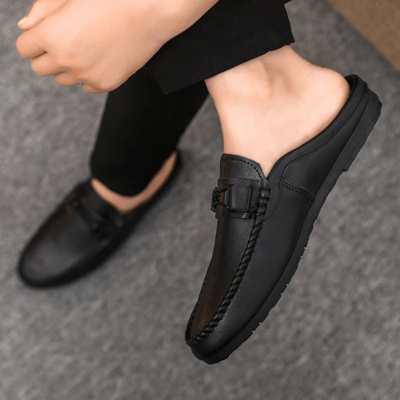 Summer Leather Men Half Slippers Breathable Mens Casual Shoes