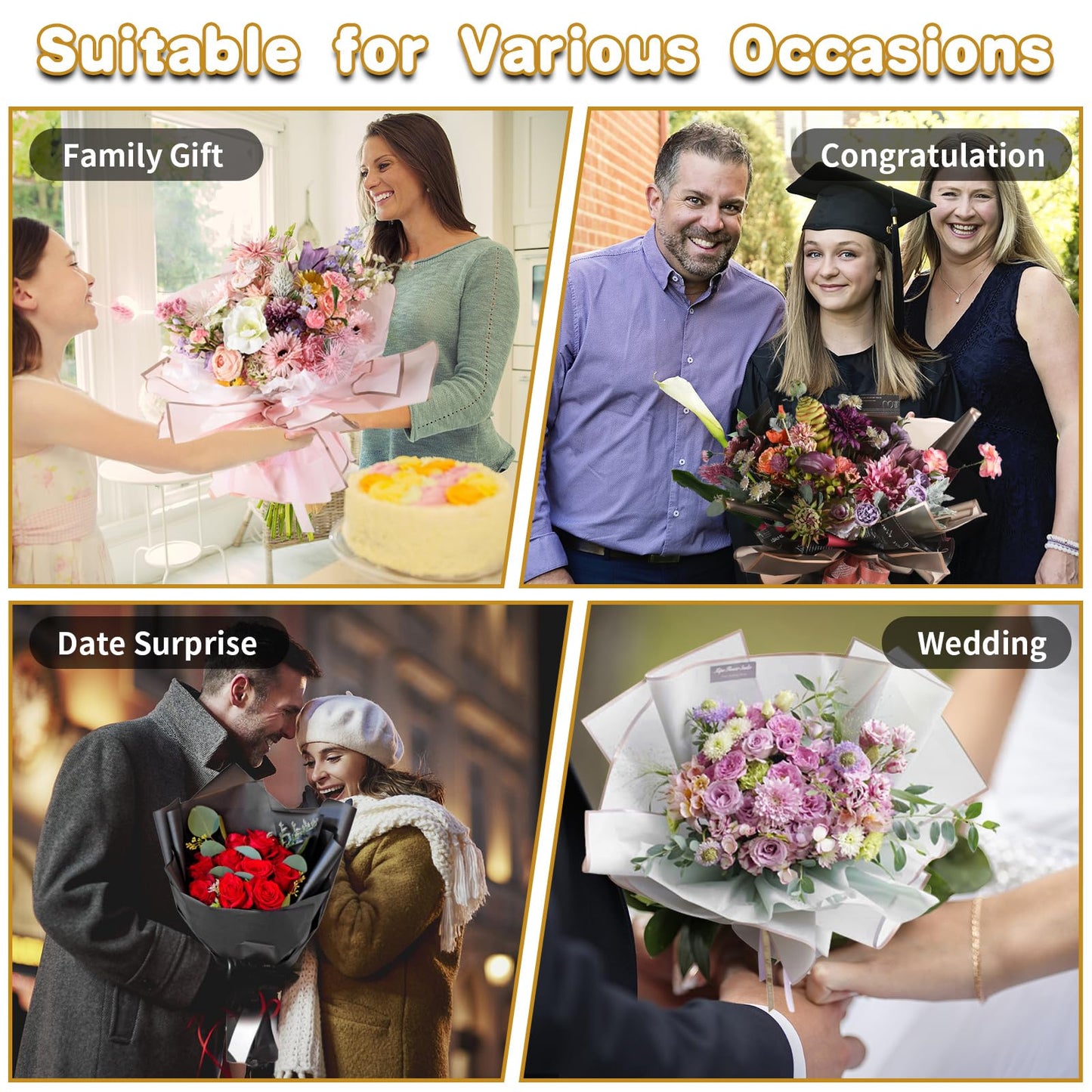 20 Sheets Pink Flower Wrapping Paper with Golden Edges