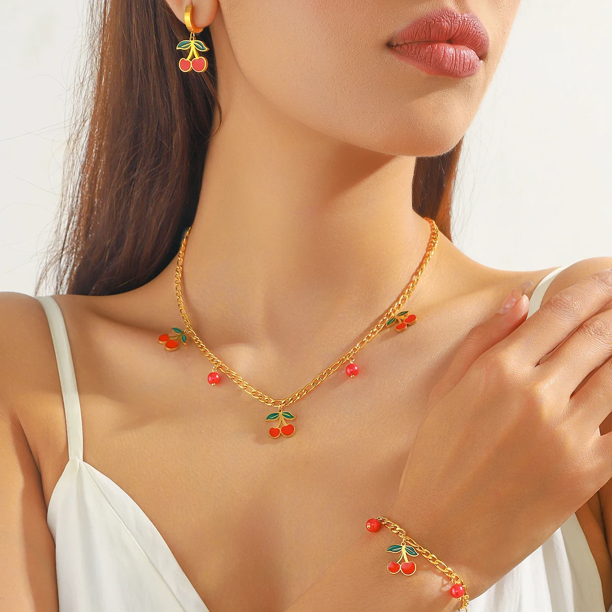 Stainless Steel Red Cherry Fruit Pendant Necklace Earrings Bracelet Set