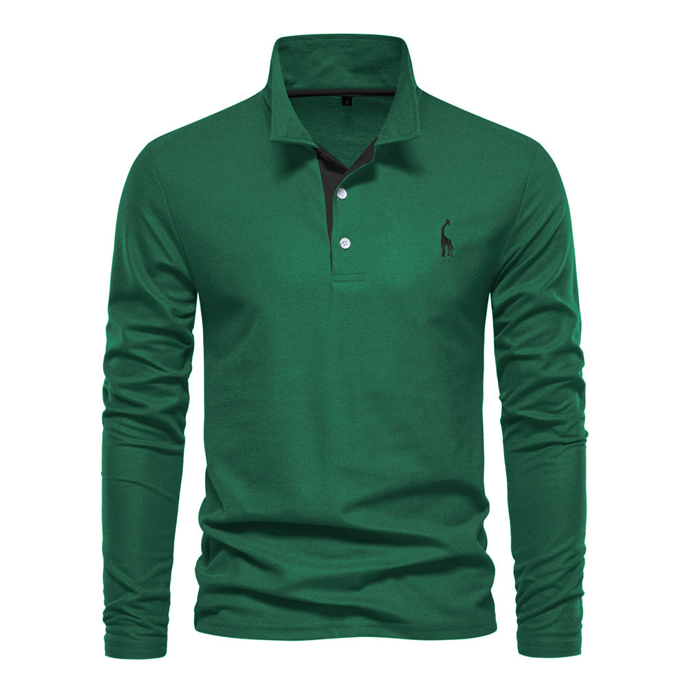2023 New Men's Deer Embroidery Polo Shirts Solid Color Long Sleeve