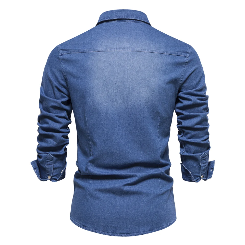 Elastic Cotton Denim Shirt Men Long Sleeve
