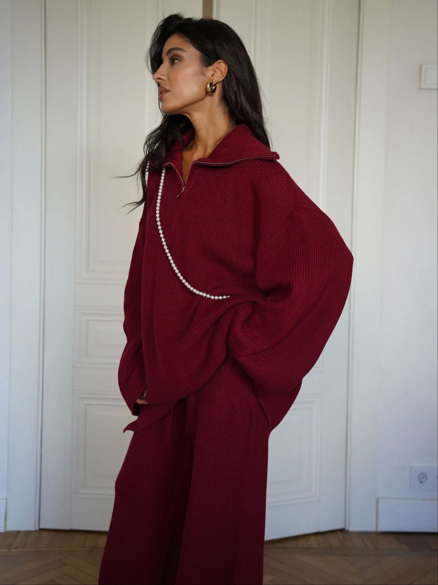 Woolen Suit Solid Color Half Zip Top Two Piece Set