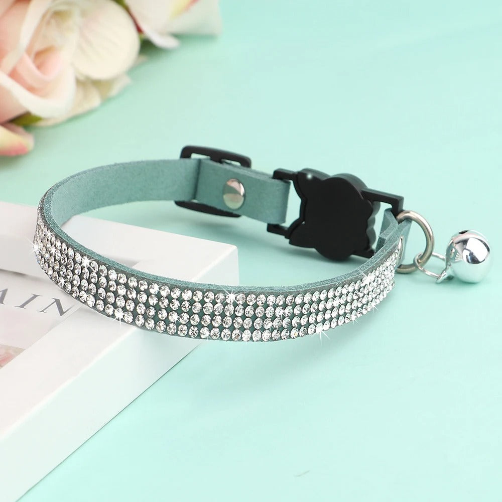 Soft Suede Leather Cat Collar Bling Rhinestone Cats Collars