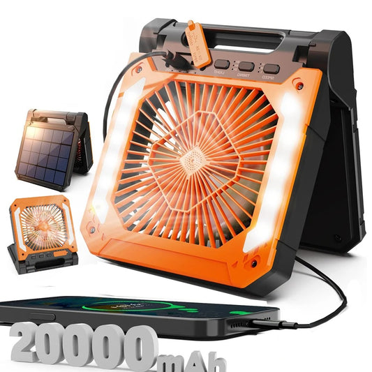 20000mAh Portable Electric Fan With Led Light Tent Car Camping Hook&USB&Solar