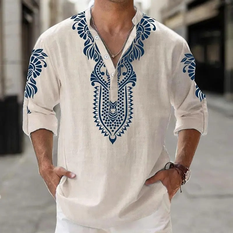 Autumn Henley Shirts Ethnic Style 3D Print Tops Blouse Men's