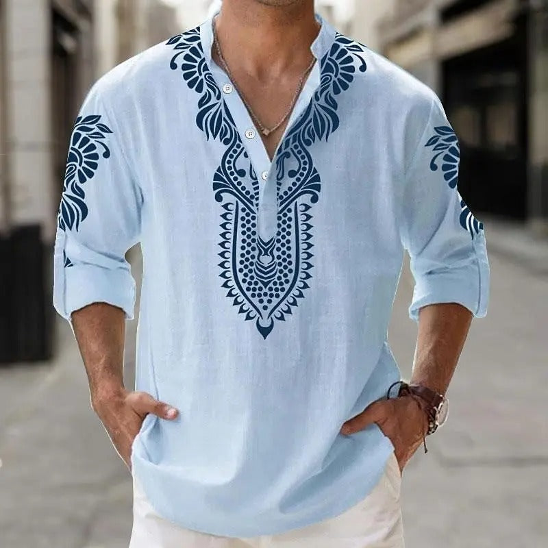 Autumn Henley Shirts Ethnic Style 3D Print Tops Blouse Men's