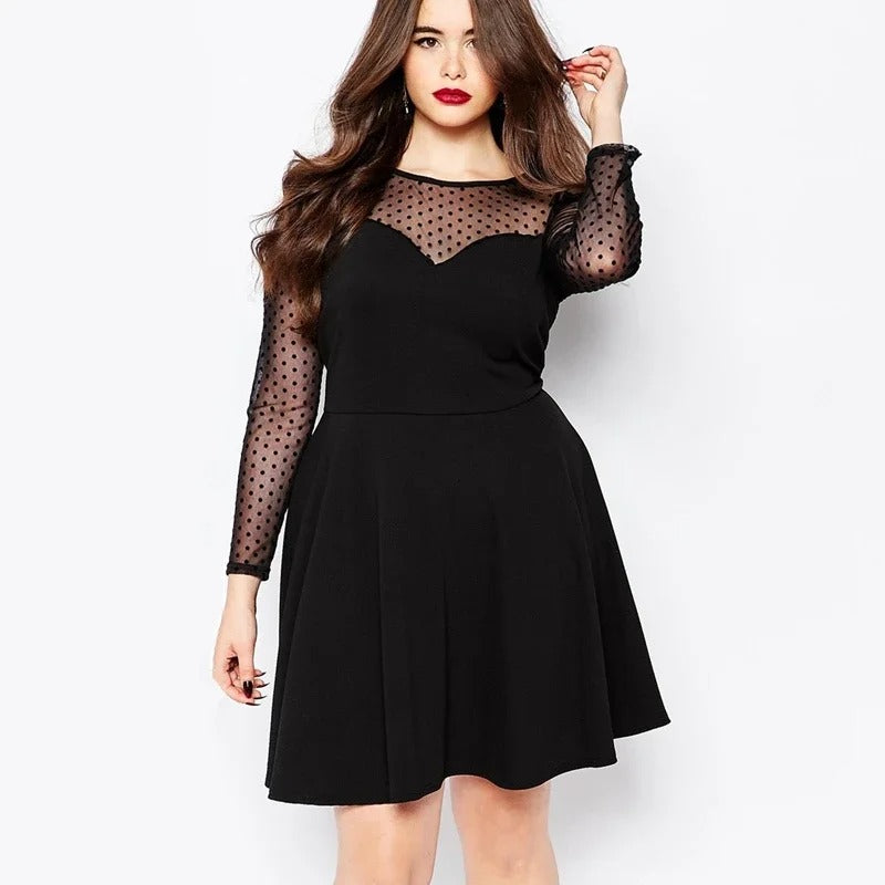 Elegant A-line Dress Women Dot Print Long Mesh Sleeve Spring