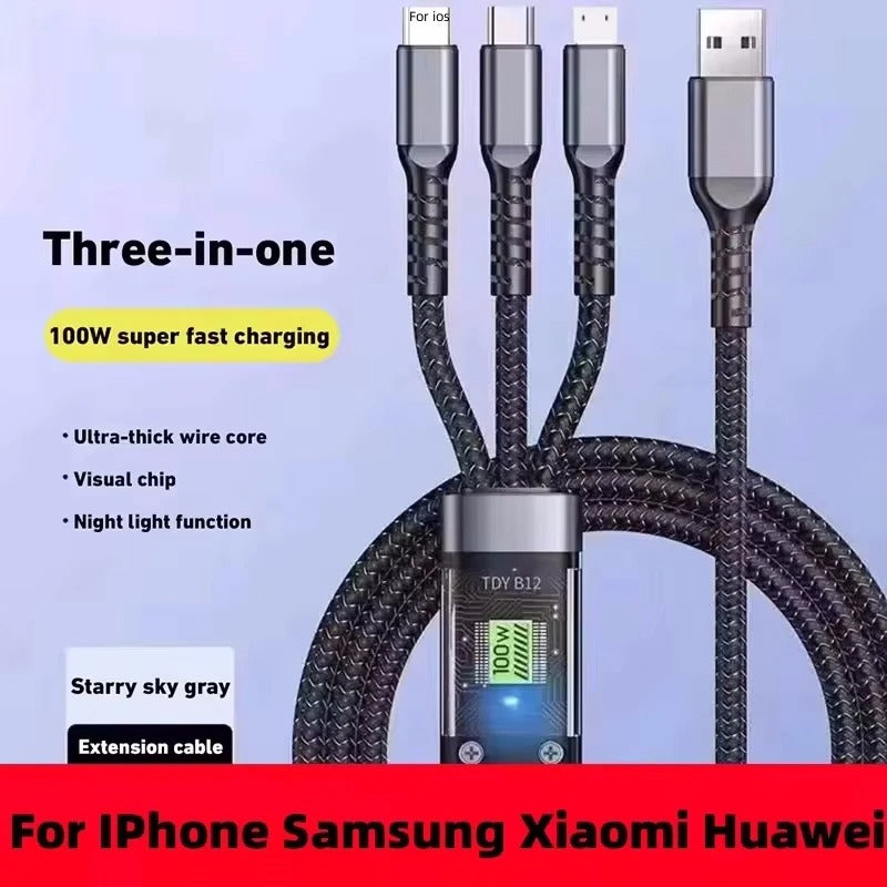 100W Luminous data cable 3 in1 mobile phone charging cable