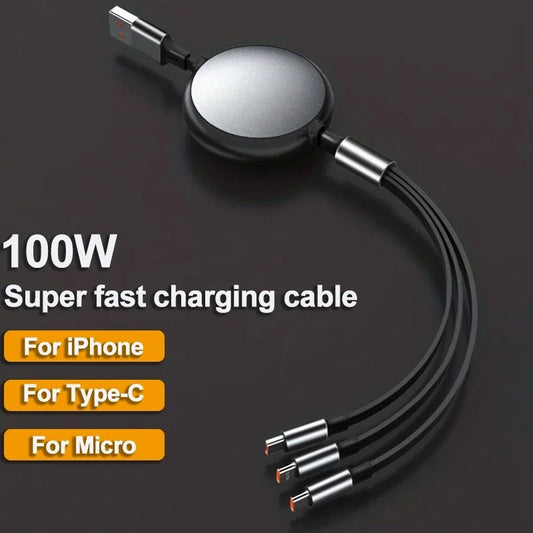3 in 1 Retractable 100W Fast Charge Data Cable For iPhone, Samsung, Xiaomi ,Huawei