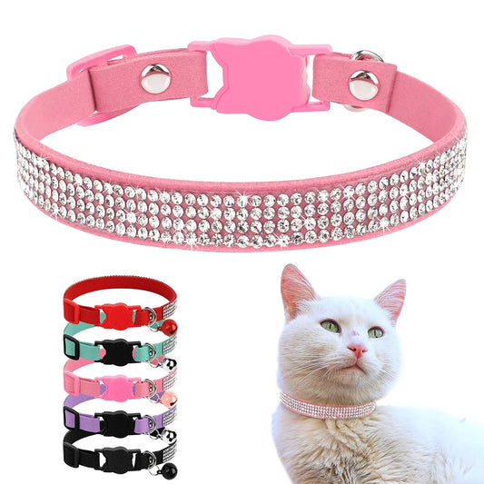 Soft Suede Leather Cat Collar Bling Rhinestone Cats Collars