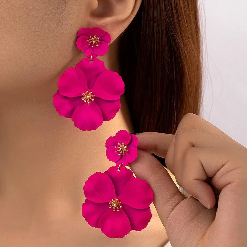 Women Fuchsia Flower Drop Earrings Gold Plating