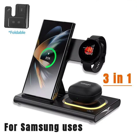 3 in 1 LED Foldable Wireless Charger Phone Stand For Samsung ,Watch and Buds