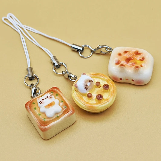 3pcs Set Japanese Style Cute Cat Bread Phone Keychains