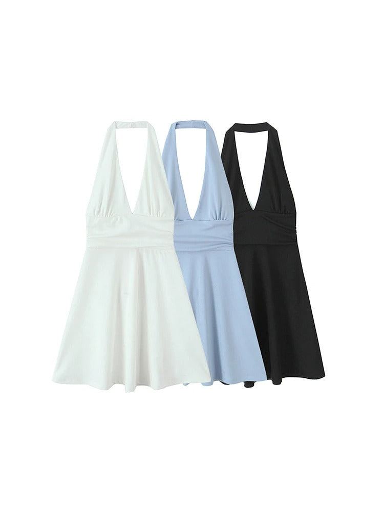 Women Fashion Gathered Mini Dress Halter Neck Backless