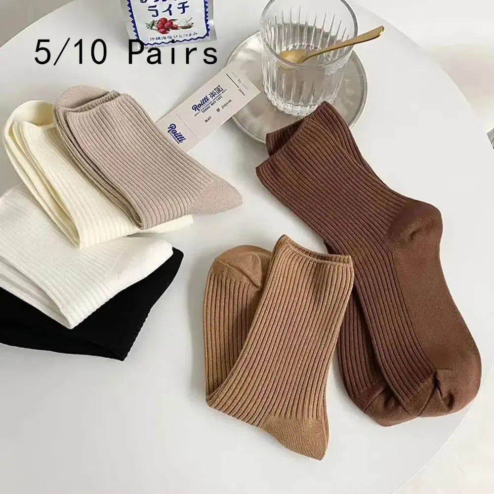 5/10 Pairs Solid Color Women Mid Length Socks