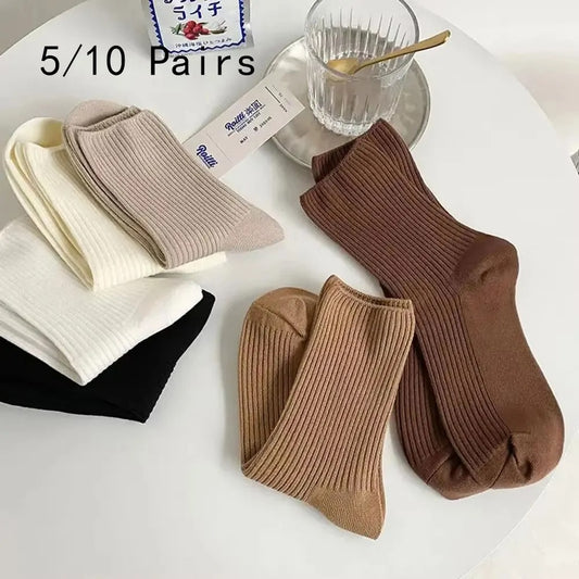 5/10 Pairs Solid Color Women Mid Length Socks