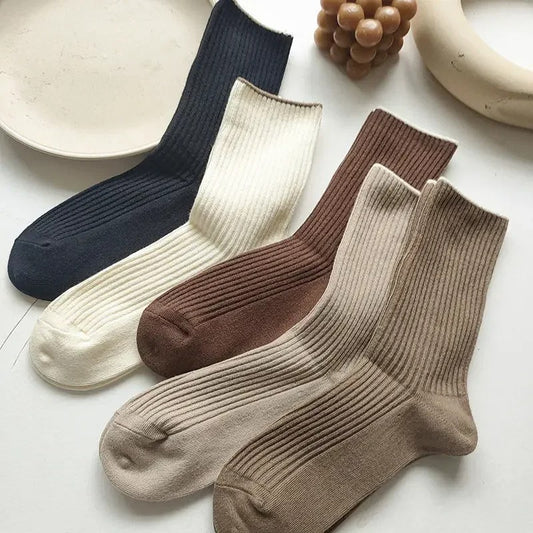 5 Pairs Of New Japanese Socks Set Solid Color Women's