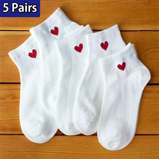 5 Pairs Lovely Heart Cotton Socks Women Summer Fashion