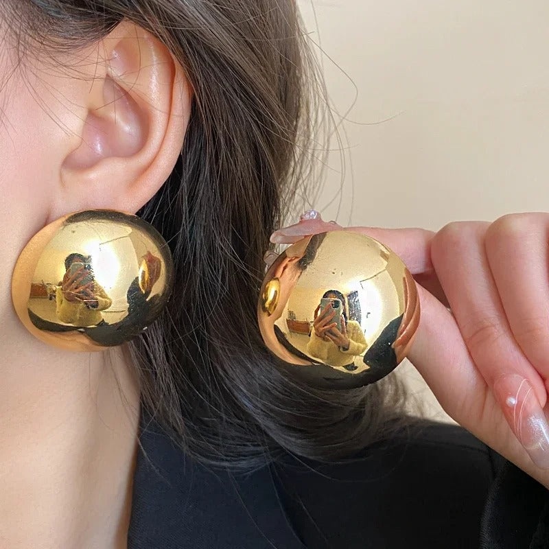 Smooth Round Earrings For Women Big Ball Metal Stud