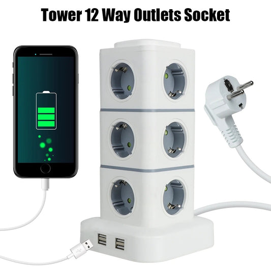 Tower 12 Way Outlets Socket Multi Power Strip Vertical 2.8m Extension Cord EU