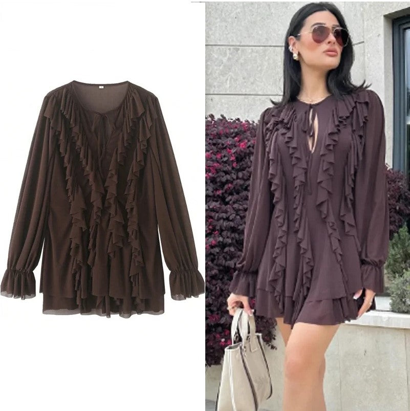 Ruffle Short Dresses 2025 Woman Pleated Long Sleeve Women's