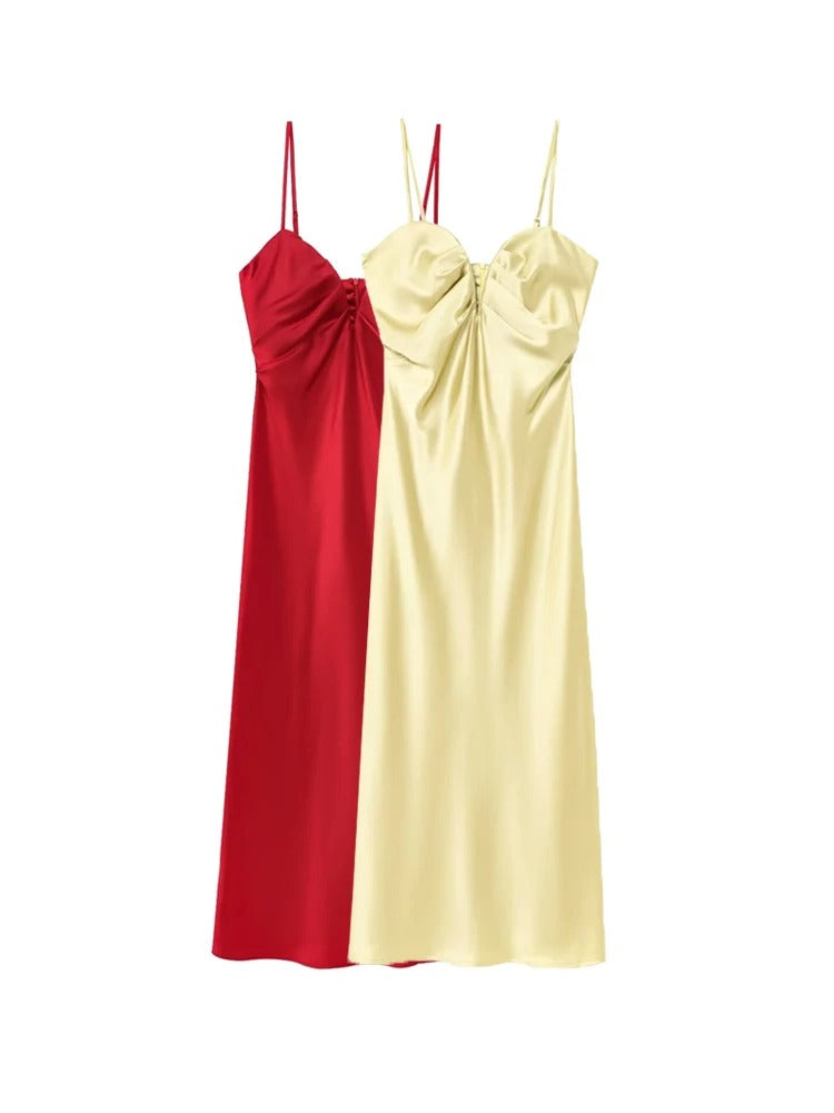 Women's Satin-Like Pleated Midi Dress with Sweetheart Neck