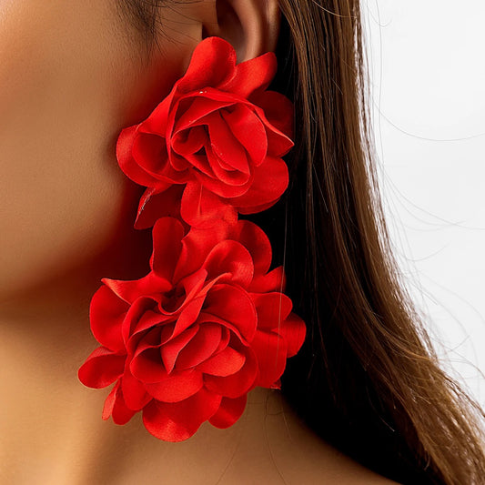 Exaggerated Red Petal Flower Drop Earrings
