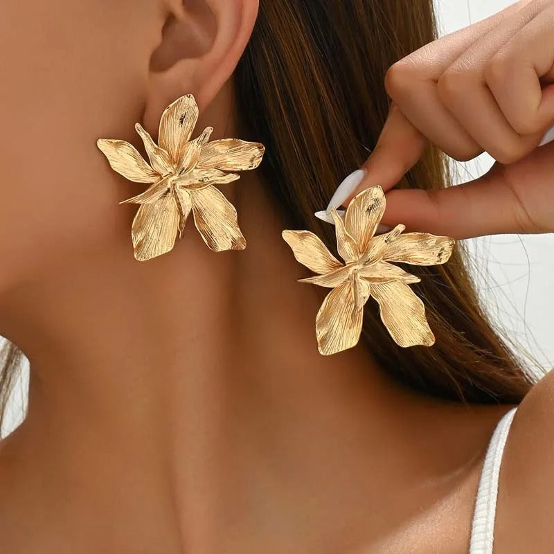 Metal Gold Color Flower Big Earrings For Women Fashion