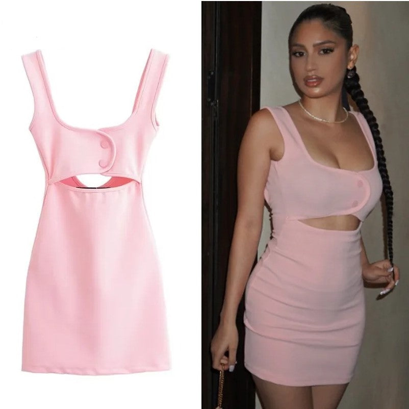 Cut Out Short Dresses 2025 Woman Summer Sleeveless Solid Party Dress