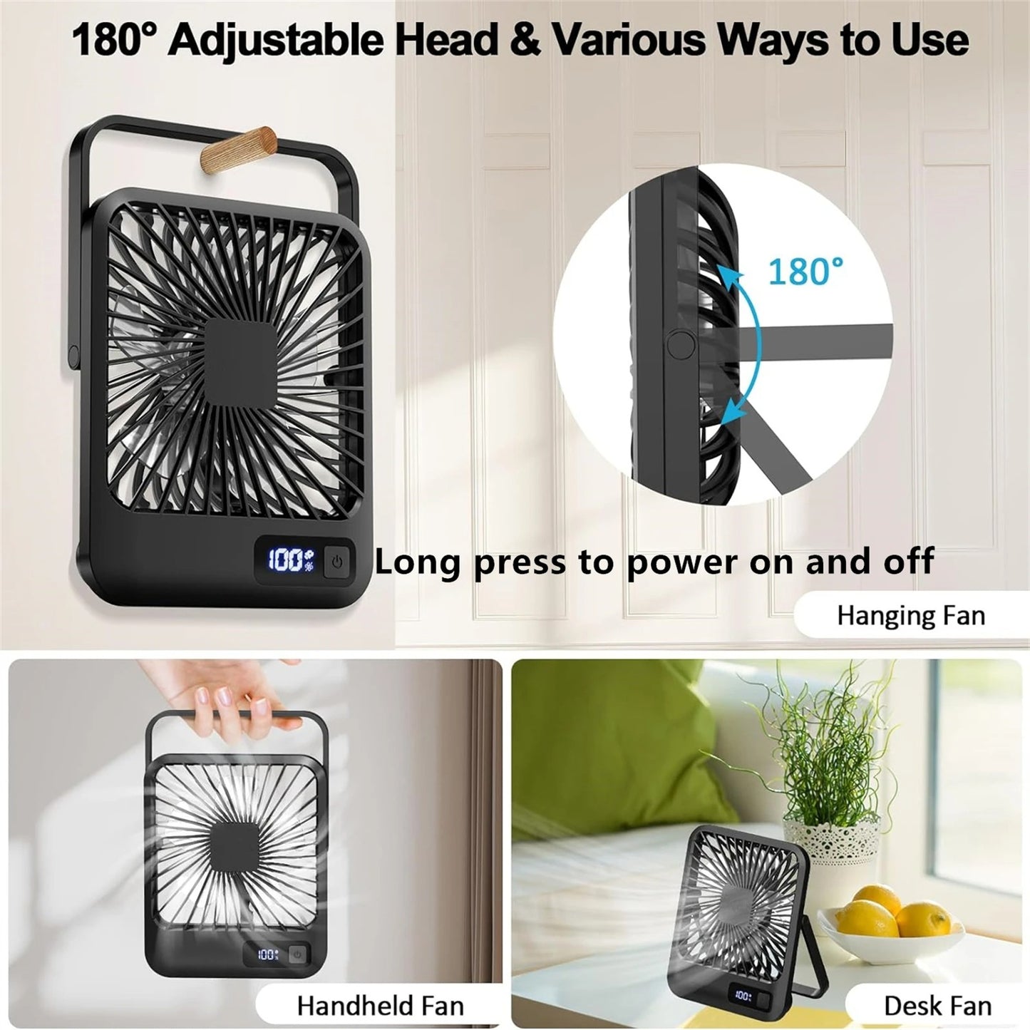 Desk Fan, Portable USB Rechargeable Fan, 180° Tilt Folding Personal Fan With Power Display