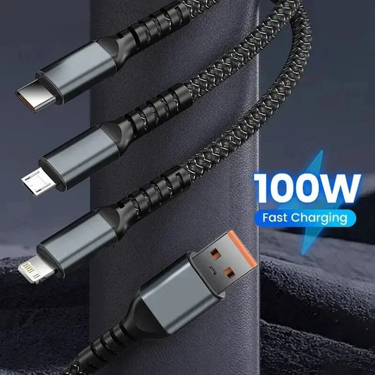 100W Luminous data cable 3 in1 mobile phone charging cable