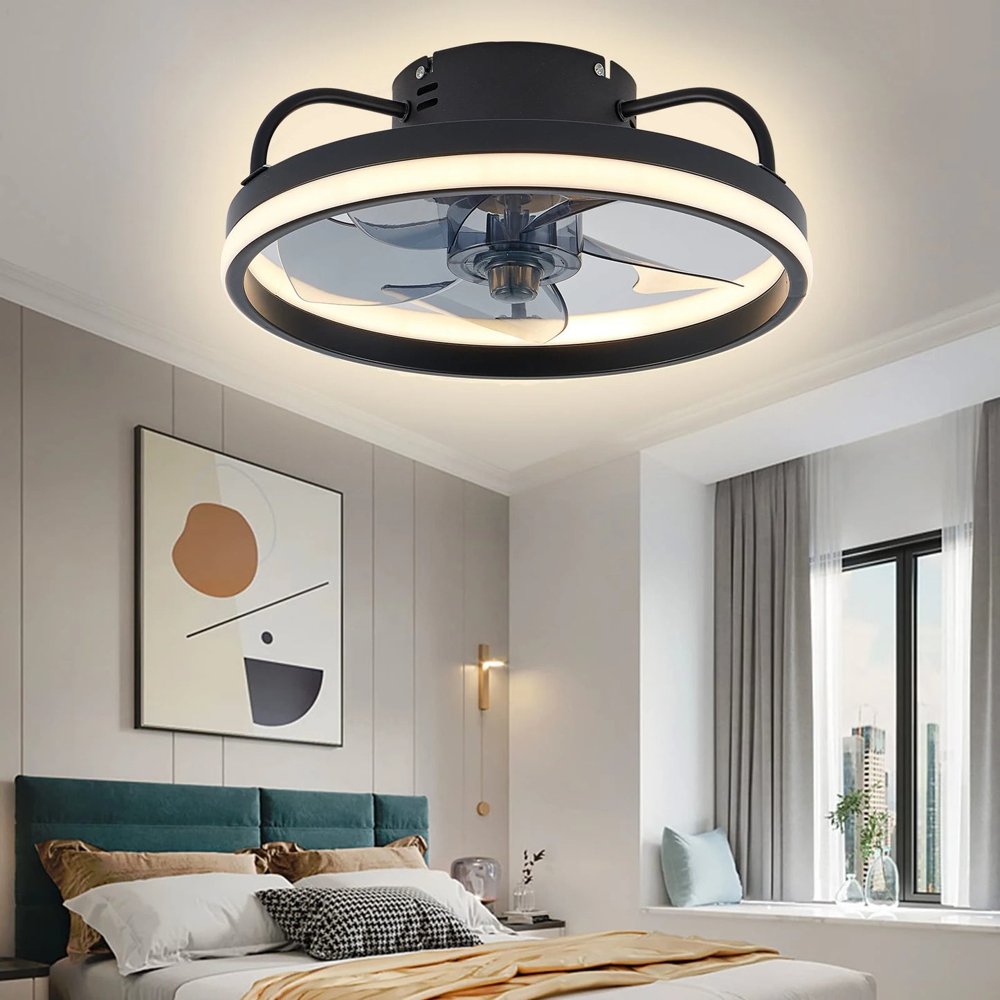 Modern LED ceiling fan with adjustable two-way blade timer and remote control tri-color