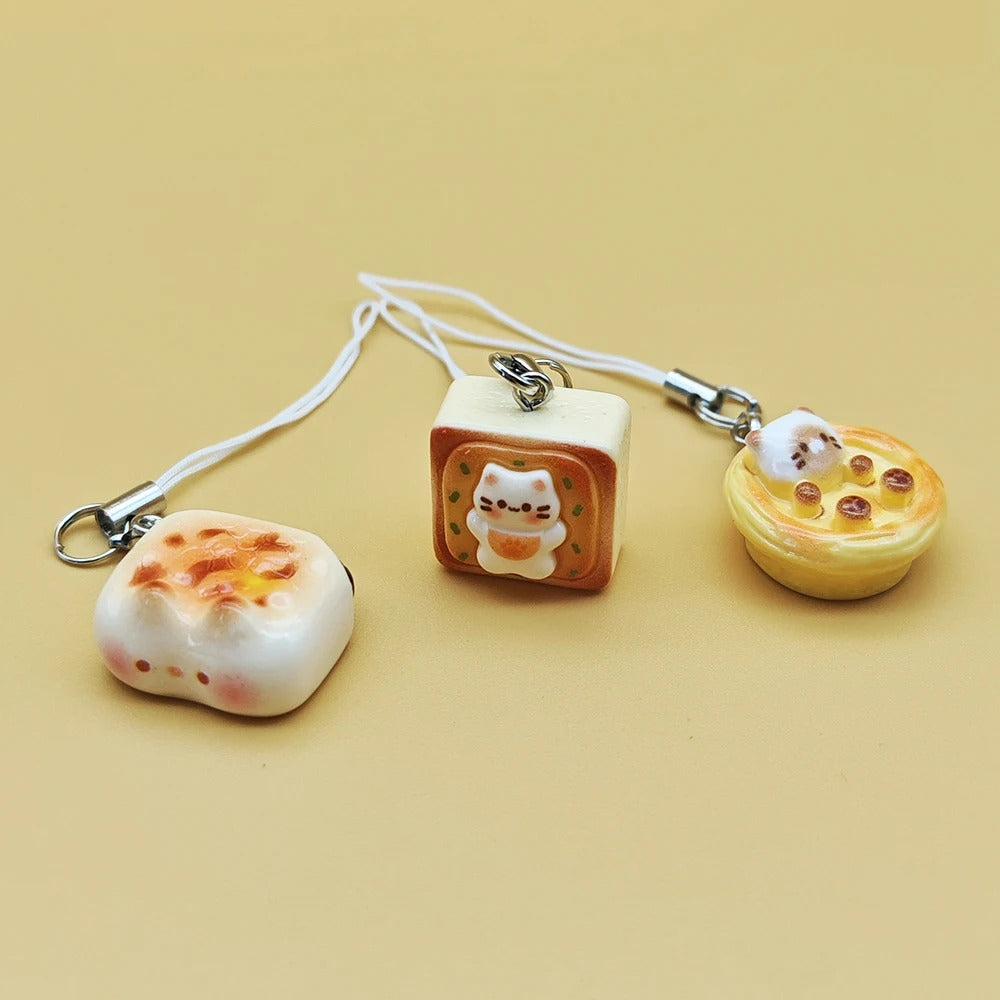 3pcs Set Japanese Style Cute Cat Bread Phone Keychains