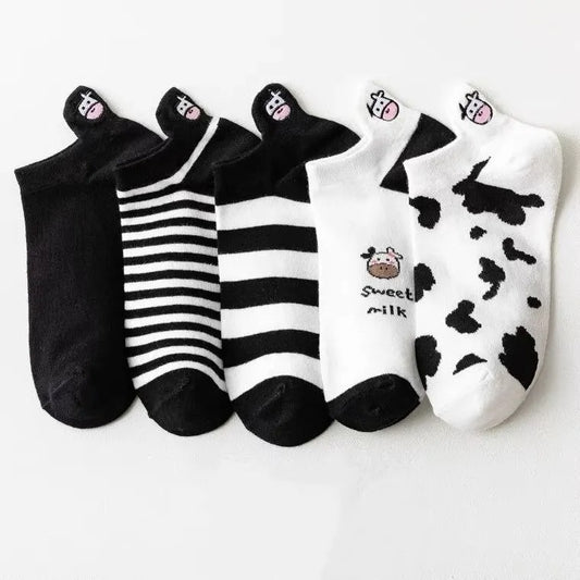 5 Pairs Women's Socks Lovely Cow Pattern Short Socks