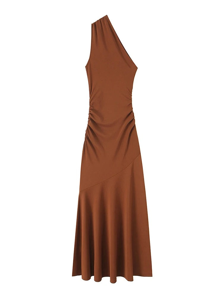 Women Fashion Long Asymmetric Gathered Dress One Shoulder