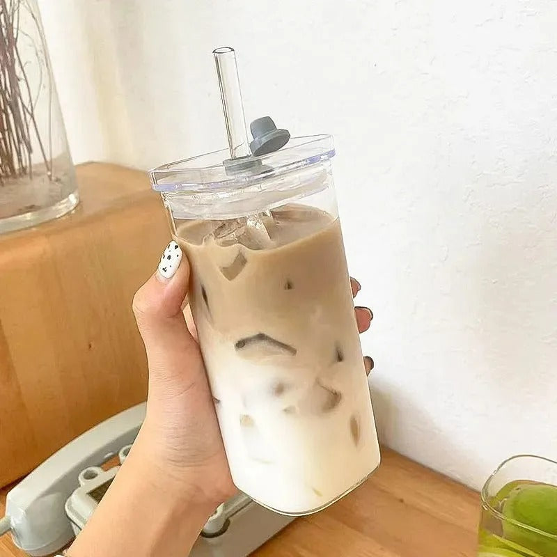 1Pcs Square Heat Resistant Coffee Glass Cup With Lid and Straw Transparent