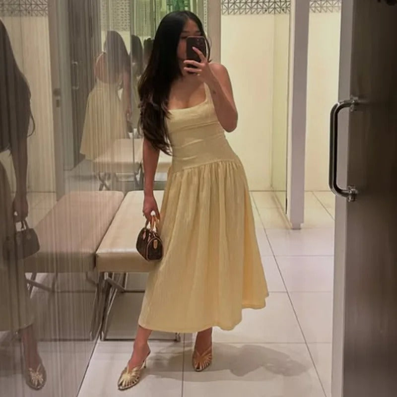 Sleeveless Midi Dresses 2025 Woman Summer Slip Yellow Dress