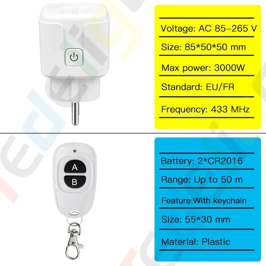 Electrical Socket 433MHz Wireless Remote Control Plug 3000W EU