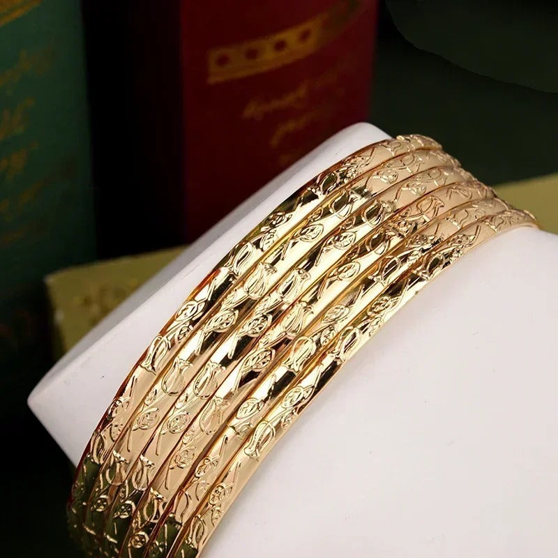 Slim Metal Bangles Gold Plated Carved Flower