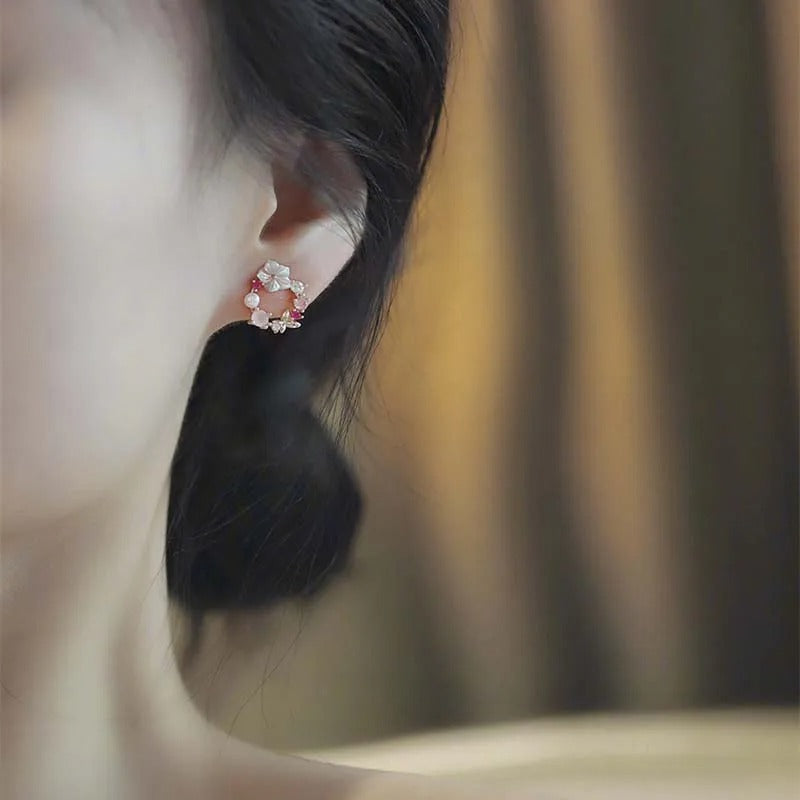 Pink Crystal Flower Pearl Butterfly Ear Studs