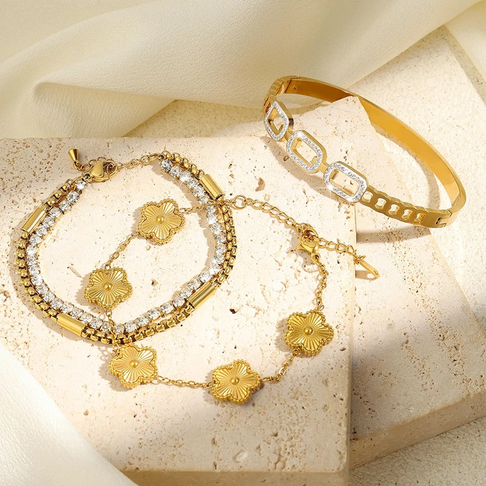 3Pcs Gold Color Stainless Steel Stacked Bracelet Bangles