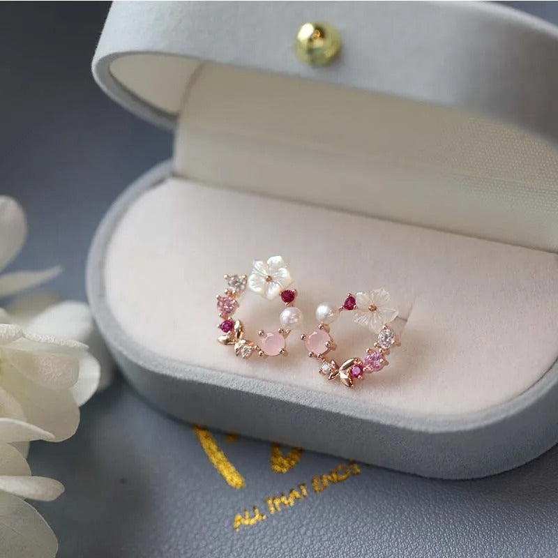 Pink Crystal Flower Pearl Butterfly Ear Studs