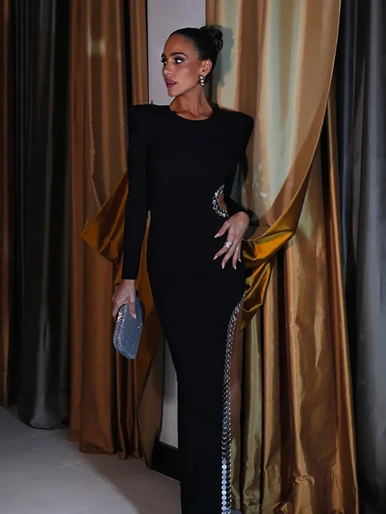 Elegant Sequin Shoulder Pad Black Long Dress For Women