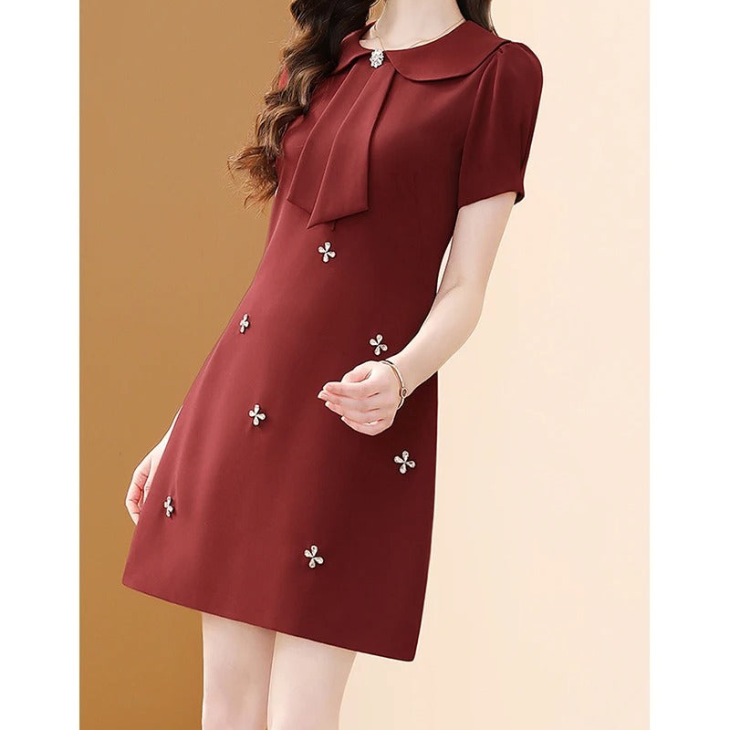 Woman Peter Pan Collar Solid Color Zipper A-line Skirt Light