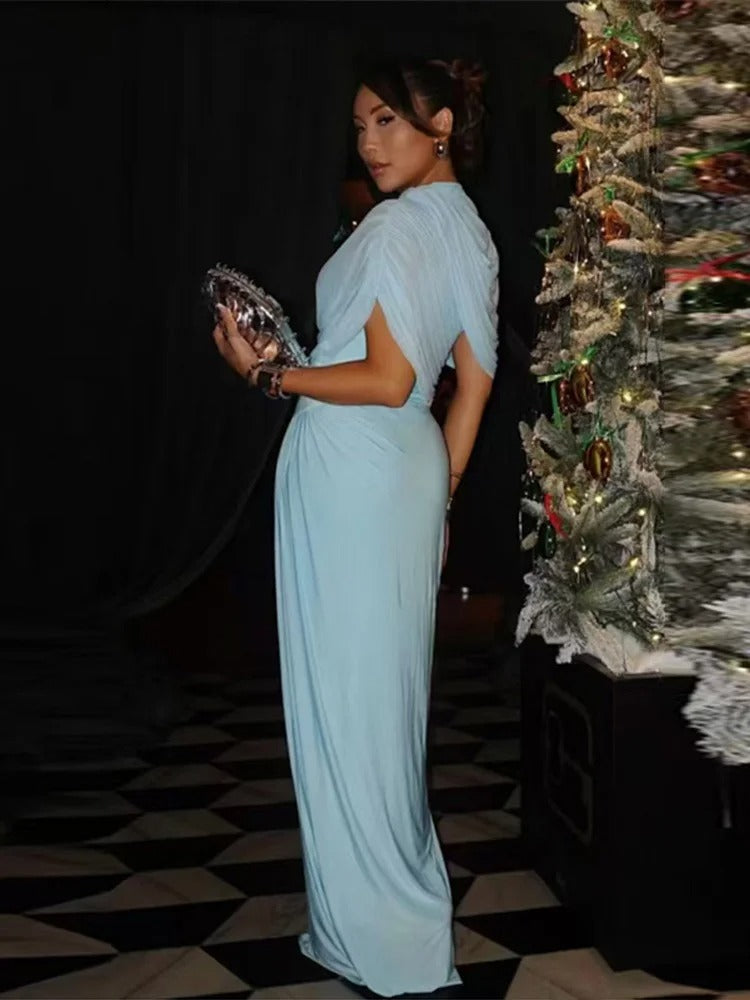 Shawl Long Dress Women Elegant Asymmetrical Chiffon Pleat Slim