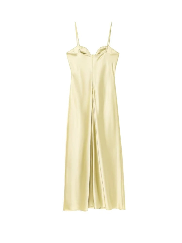 Women's Satin-Like Pleated Midi Dress with Sweetheart Neck