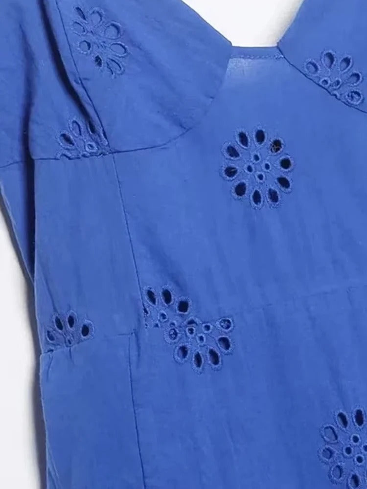 Women Fashion With Ruffled Cutwork Embroidery Mini Dress