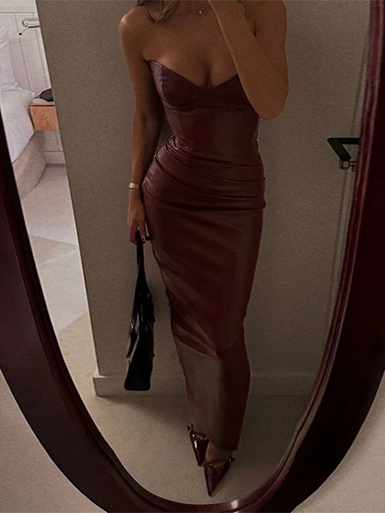 Slim Bra Midi Dress Women Vintage Leather Zipper Sleeveless